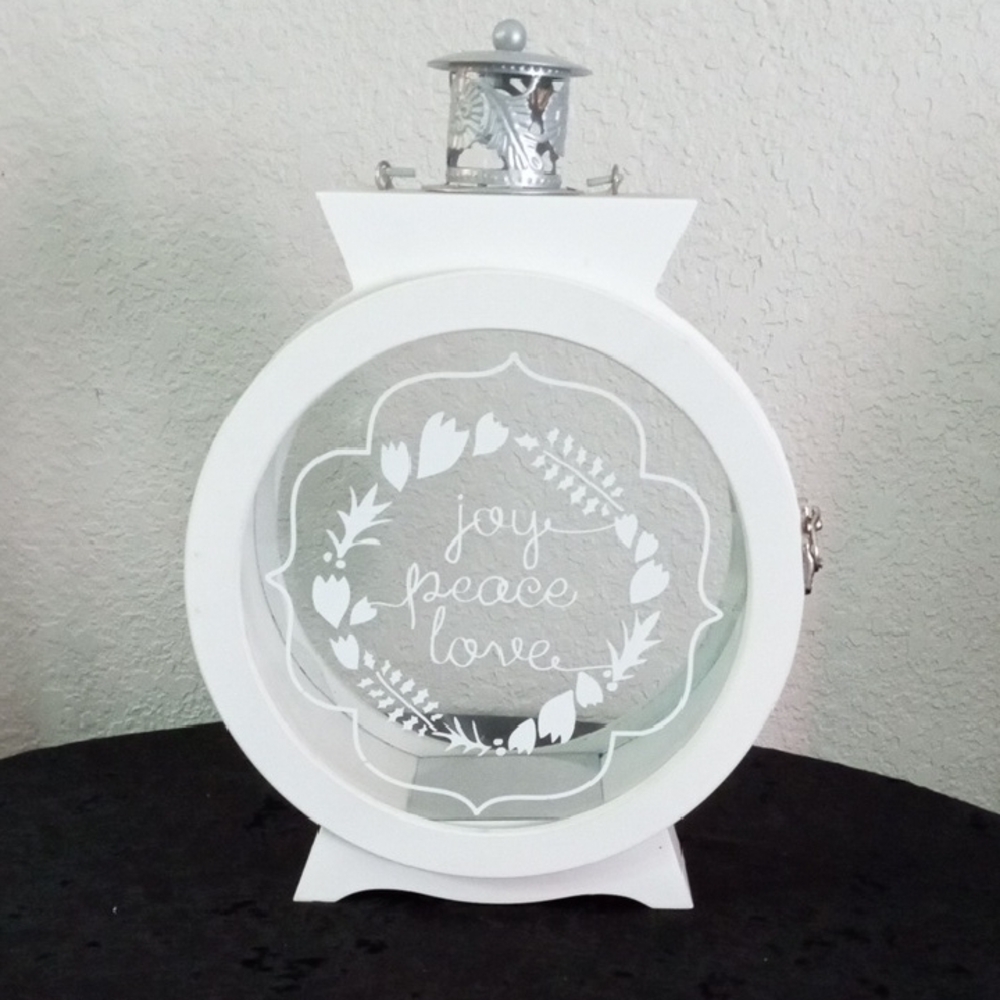 White Decorative Lantern with Joy Peace Love Design